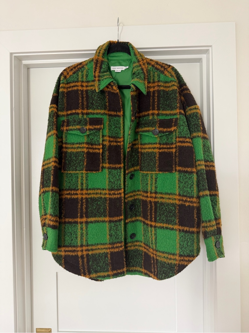 Good American Green & Brown Plaid Shacket with Gold Accent